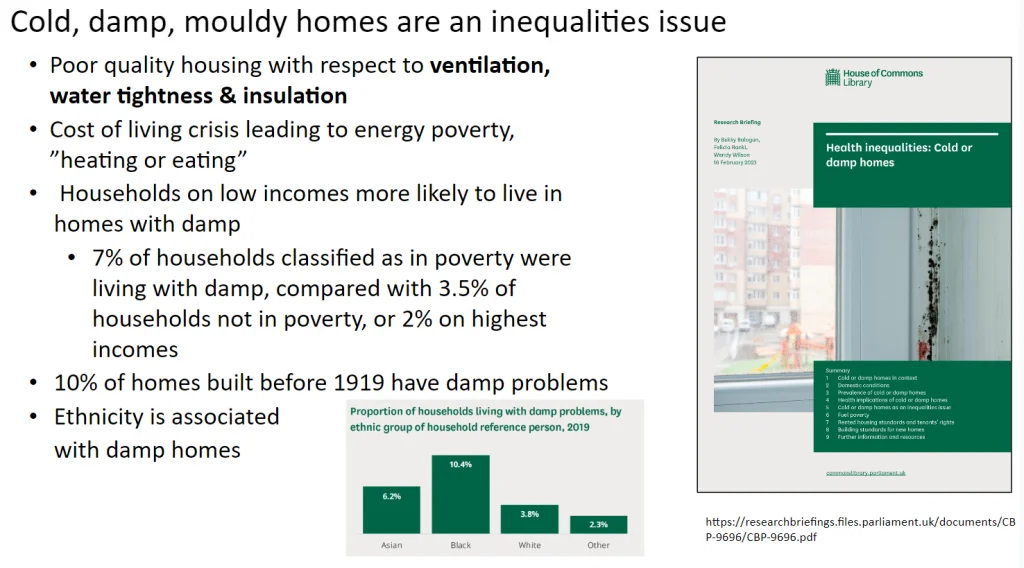 screenshot of a slide explaining cold, damp and moulds impact on health, wellbeing and equality