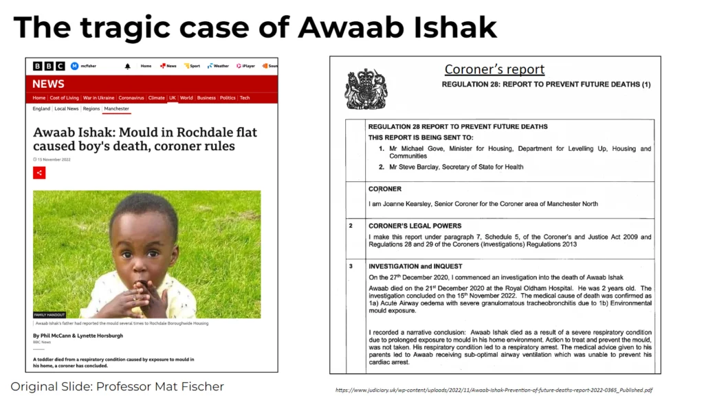 Screen shot of BBC News Report and Coroners Report in to the reason for Awaab Ishak death