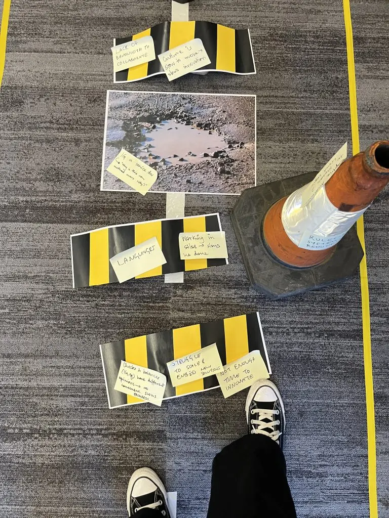 Image of traffic cones and printed potholes being used in a LOTI workshop