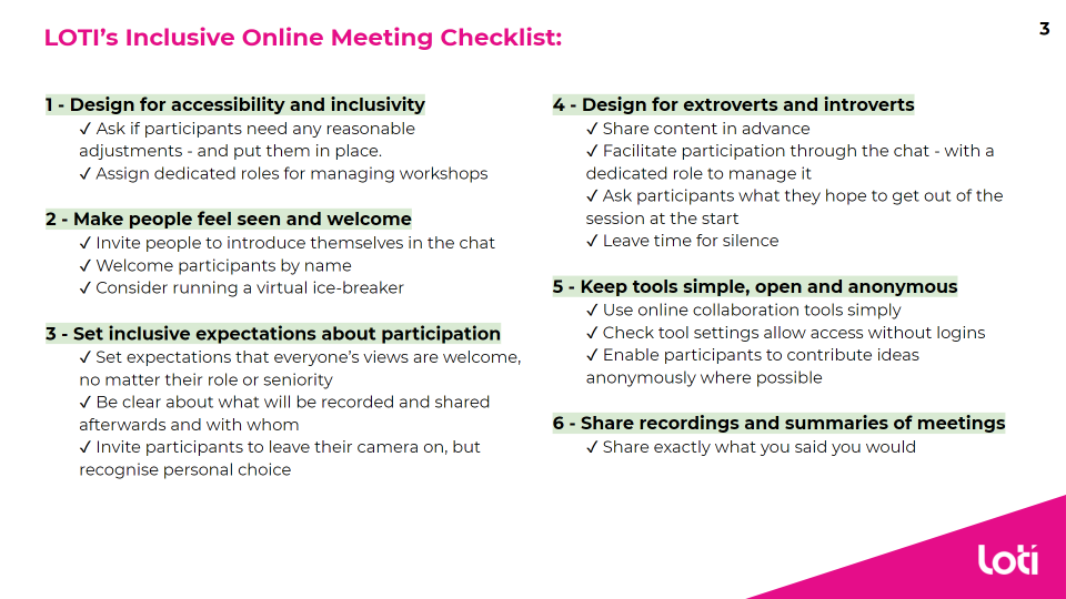 Image showing the six steps in LOTI's Inclusive Meeting Checklist