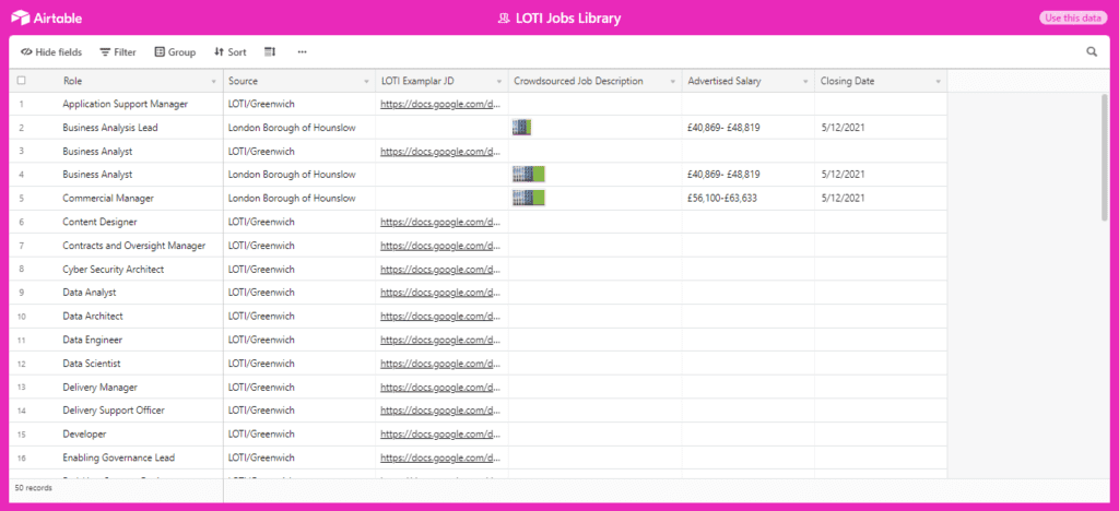 Screenshot showing list of jobs in the LOTI JD library