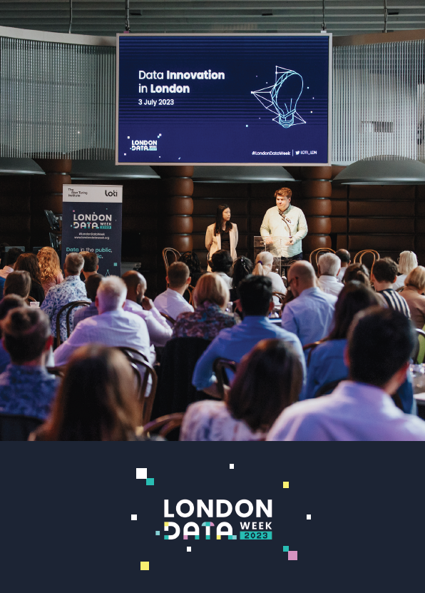 A picture of Jennifer Ding and Sam Nutt standing in front of the room, from the London Data Week 23 Report.