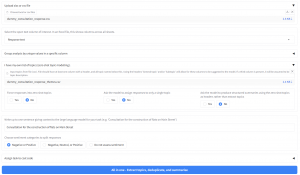 A software interface for text analysis is displayed, featuring file upload options, text analysis settings, and sentiment categories, with options for customisation.
