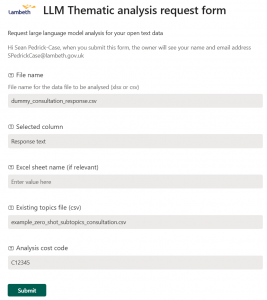 Lambeth LLM Thematic Analysis Request Form. Fields: file name, column, sheet name, topics file, and cost code. Submit button at bottom.