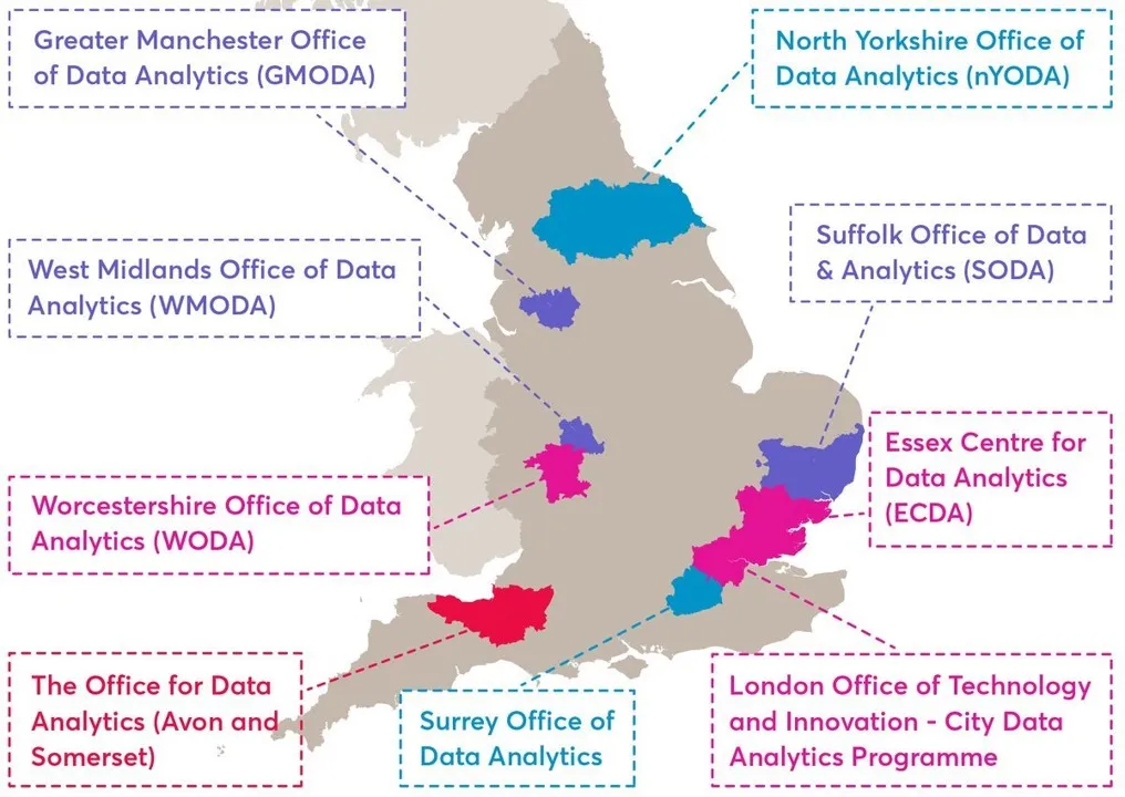 Map showing the locations of 10 offices of data analytics in the UK