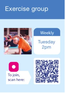Example of a ticket for an exercise group with a QR code with instructions to scan and information about when the group takes place
