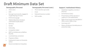 This diagram illustrates a list of the different categories and items under the draft minimum data set. For demographic/personal, this would include client name, DOB, borough most recently engaged in rough sleeping service(s), preferred language, relationship status, ethnicity, gender, nationality, immigration status, NRPF or Entitlements to welfare benefits, local authority connection, pregnancy status, employment status, sexual orientation, phone number (personal), email, national insurance number and NHS number. Under support/institution history, this would include disabilities (cognitive, mental or physical), armed forces history, prison h istory (in the last year or capture it in last settled base), date of most recent housing options office contact if any, care leaver 18+, history of statutory homelessness or prevention duty.