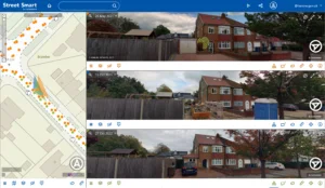 A screenshot of the street smart digital twin, with three images of the same thing within the screenshot, displaying comparison of the images captured over time for developments