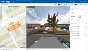 A screenshot of the street smart digital twin tool demonstrating how measurements can be taken, with the digital twin view and also a real world view of the same objects