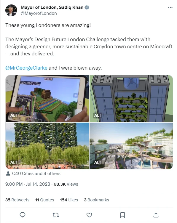 A screenshot of a tweet from the Mayor of London, which contains four different images of digital artwork imagining the future Croydon town centre, with the following caption: "These young Londoners are amazing! The Mayor’s Design Future London Challenge tasked them with designing a greener, more sustainable Croydon town centre on Minecraft—and they delivered. @MrGeorgeClarke and I were blown away."