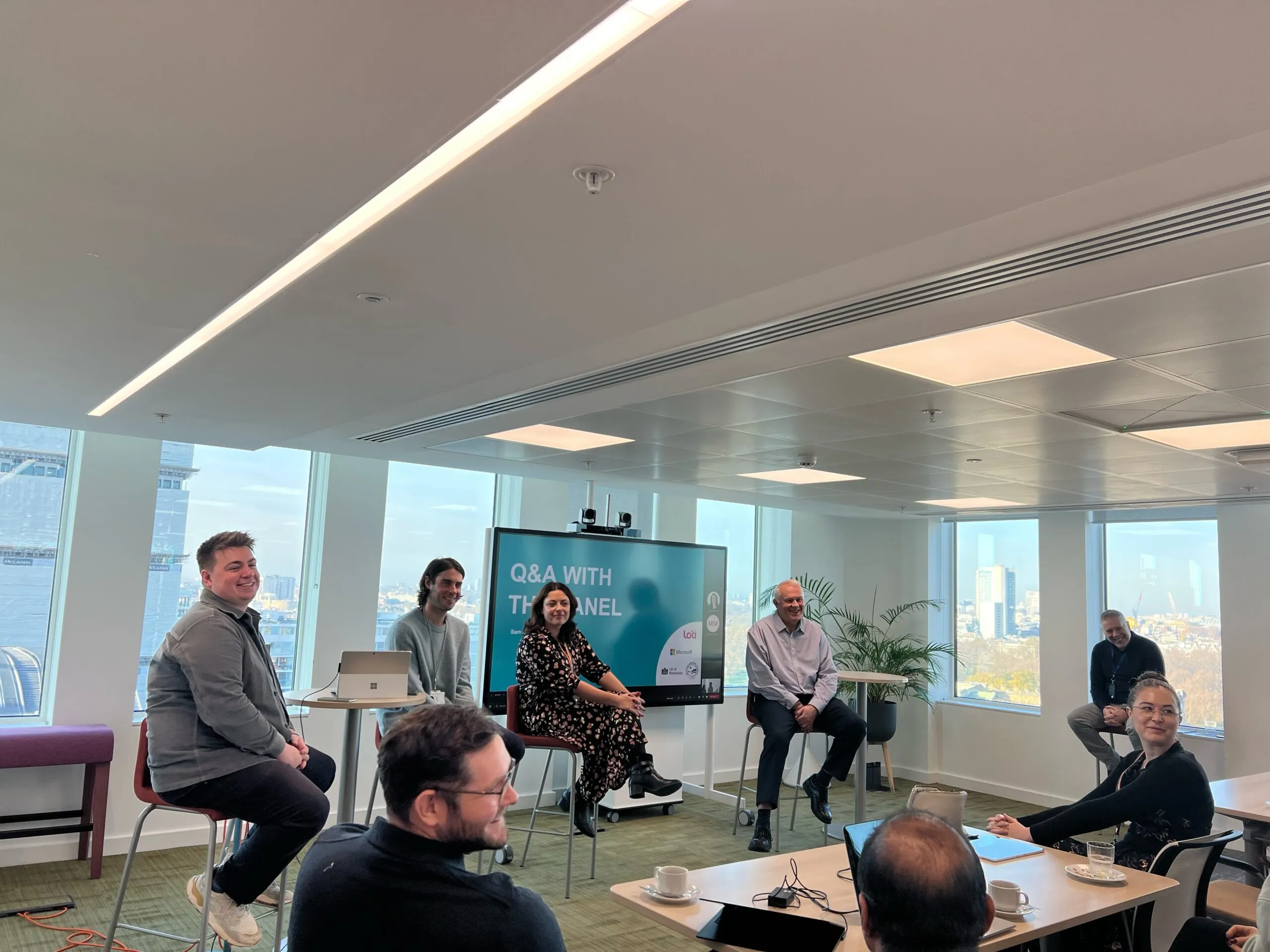 Q&A with panel. As pictured from left to right: Sam Nutt, Researcher & Data Ethicist (LOTI), Harry Reid (Microsoft), Becky Chapman, Chief Delivery & Engagement Officer, Digital & Innovation (Westminster City Council), Tony Ellis, Service Director IT (Buckinghamshire Council).