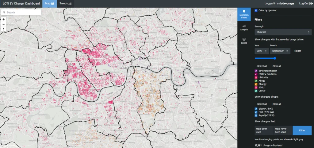 Screenshot of EV Charge Point Dashboard showing a map of chargepoints across London coloured by operator