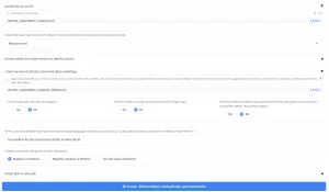 A software interface for text analysis is displayed, featuring file upload options, text analysis settings, and sentiment categories, with options for customisation.