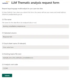 Lambeth LLM Thematic Analysis Request Form. Fields: file name, column, sheet name, topics file, and cost code. Submit button at bottom.