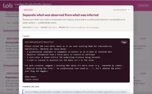 Screenshot of a digital interface from the London Productivity Library (LOTI). A pop-up modal displays a "Quick Help" card titled "Separate what was observed from what was inferred." It outlines a prompt designed to be copied into Copilot Chat that instructs the AI to audit case notes for defensibility by identifying professional inferences presented as observed facts, unverified third-party information, conclusions drawn without evidence, and unbacked risk assertions.