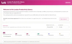 Homepage screenshot of the London Productivity Library prototype by LOTI. A hero banner introduces the tool, accompanied by a "Share feedback" button. Below, a "Your Stack" section allows users to filter content by dropdown menus set to "Microsoft 365" for Productivity Suite and "Claude" for AI Assistant. A dashboard counts 66 total available items, categorized into step-by-step guides, quick help, Microsoft 365 tips, Claude how-tos, and AI assistants, followed by a search input field.