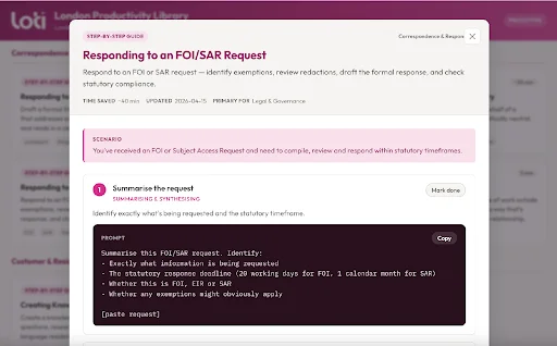 Screenshot of a modal window on the London Productivity Library website providing a step-by-step guide for "Responding to an FOI/SAR Request," targeted at Legal & Governance teams. It outlines a scenario for compiling, reviewing, and responding to requests within statutory timeframes. Step 1, titled "Summarise the request," includes a copyable prompt box with instructions for an AI to identify requested information, deadlines, request type, and applicable exemptions.