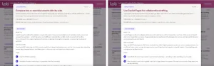 Two side-by-side modal windows from the London Productivity Library website displaying "Copilot How-To" guides.Left Modal: Titled "Compare two or more documents side-by-side," explaining how to upload multiple files to Copilot to spot differences, contrast policies, or compare supplier proposals, complete with step-by-step instructions. Right Modal: Titled "Use Copilot Pages for collaborative drafting," describing how to use persistent, shared canvas pages in Microsoft 365 Copilot for co-authoring and real-time editing with team members.