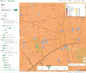 A web map application displaying a heat hazard layer over Tokyo with interactive filters for cooling shelters and drinking stations.