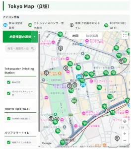 Interactive map of Tokyo showing public utility icons including drinking fountains, water bottle dispensers, accessible toilets, and free Wi-Fi spots.