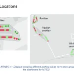 Two images of a map with areas highlighted with red and green dots to illustrate the IoT sensors in different parking areas