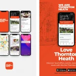 A screen shot of the Thornton Heath mobile phone app, the tagline says We are Thornton Heath, Love Thornton Heath, Discover local offers, events, news and much more. There are eight screen displays to show the different functions through the app.